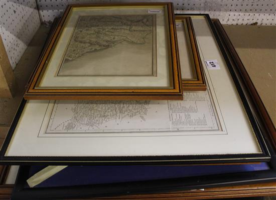 Seven maps of Kent, various, a View of Maidstone Bridge and a map of England & Wales (9, all framed)